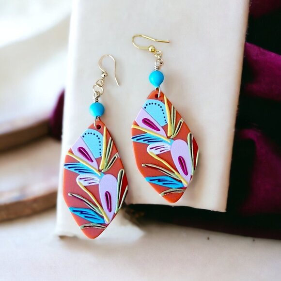 Southwest Design Wooden Turquoise and Orange Earrings NEW - - Picture 1 of 2